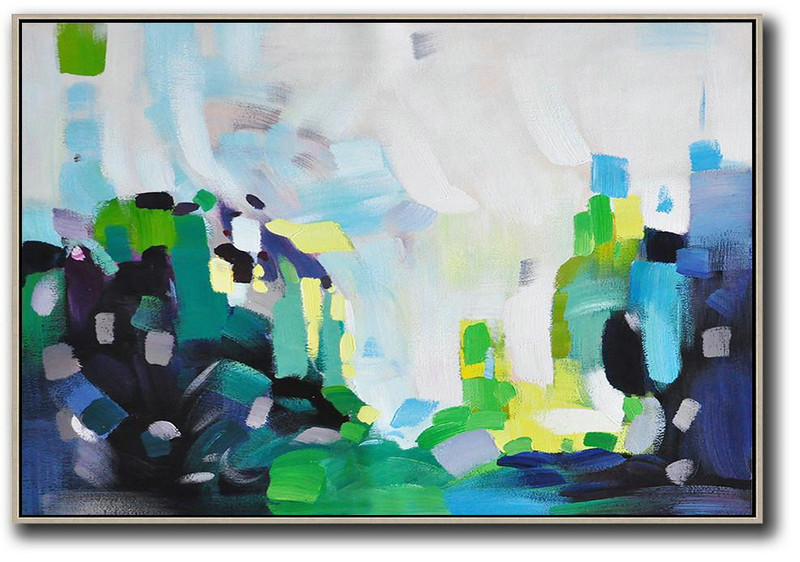 Oversized Horizontal Contemporary Art,Large Canvas Art,Modern Art Abstract Painting,White,Grey,Blue,Green